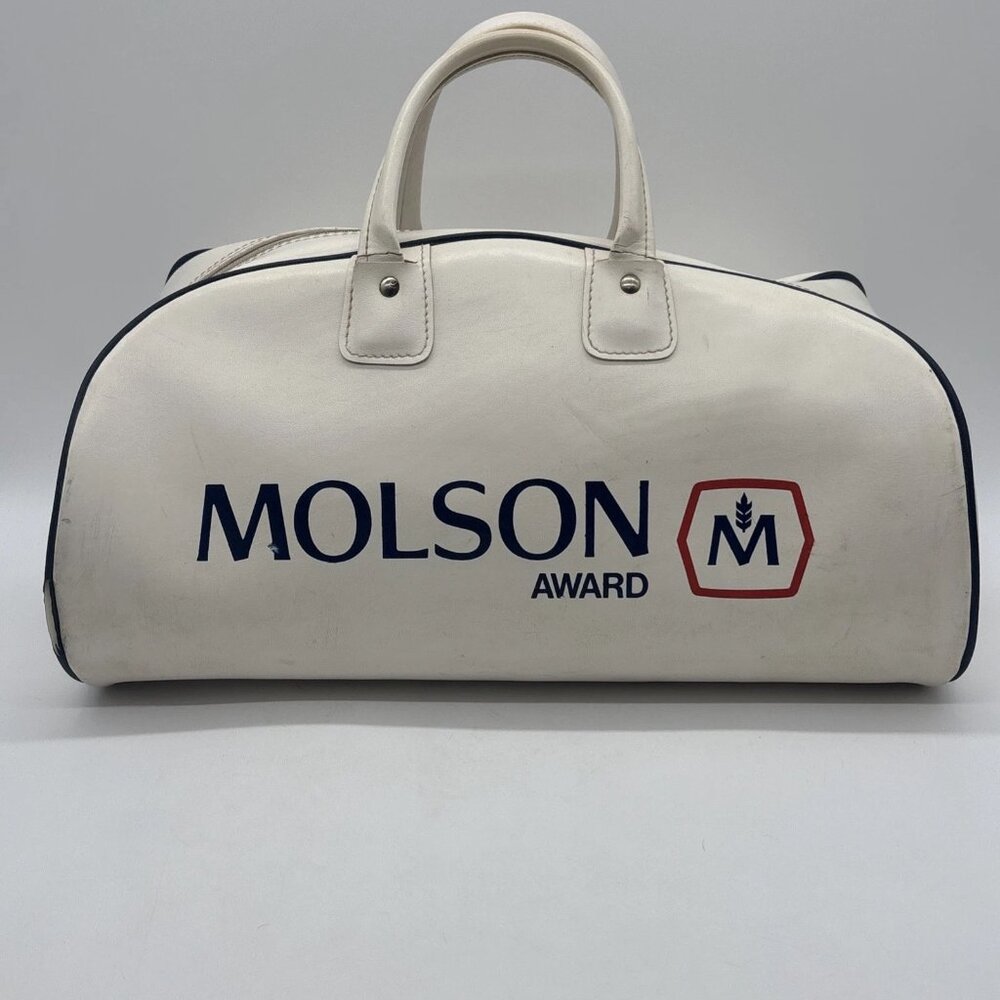 Vintage Molson Award White Leather Travel Duffel Bag - Canadian Made